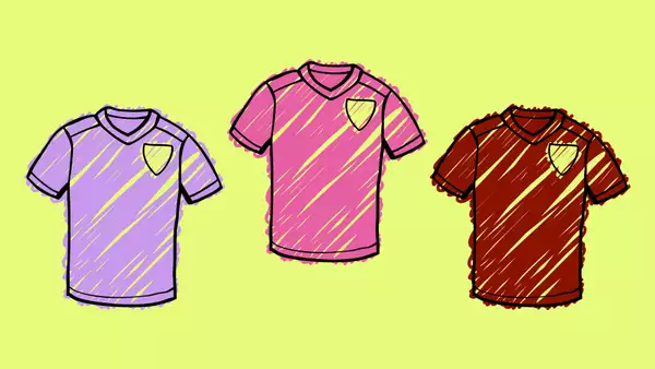 Three pink football shirts on a bright yellow background