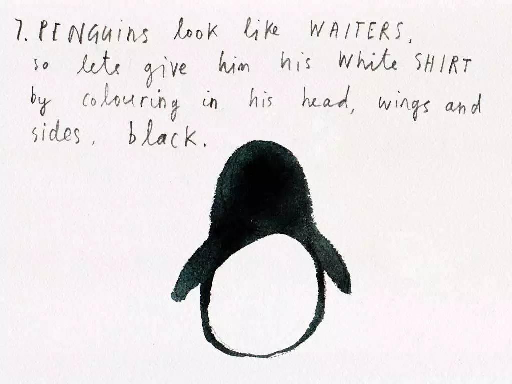 Outline illustration of a penguin with the black sections coloured in that says '7. Penguins look like waiters, so lets give him his white shirt by colouring in his head, wings and sides, black.'