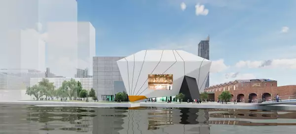 Artists impression of The Factory building from across a river during the day