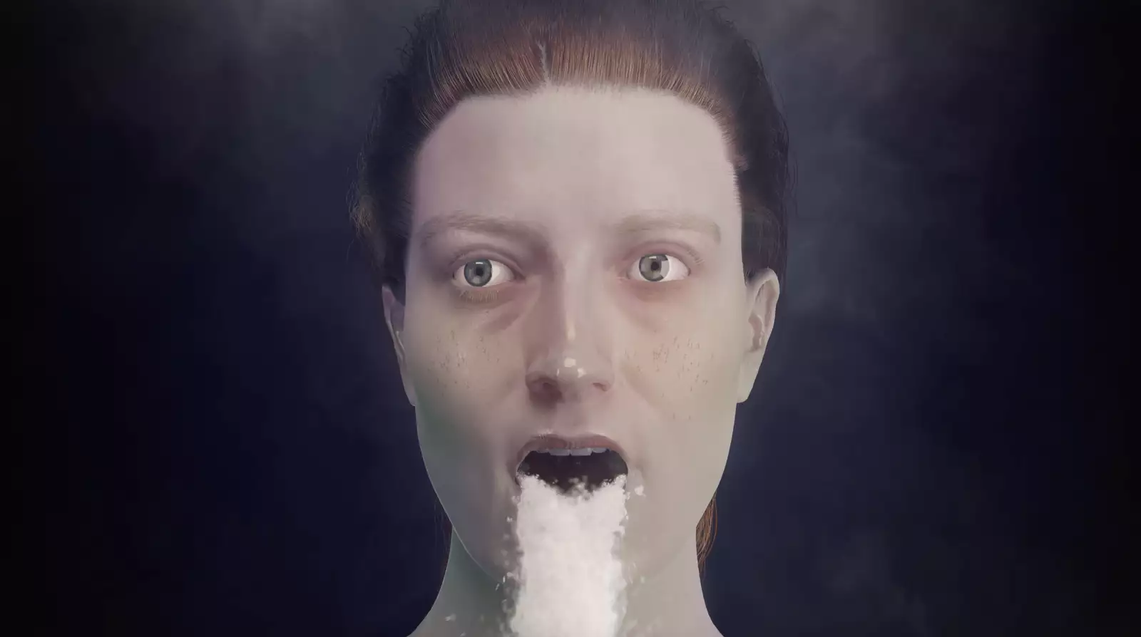 Front facing image of a white woman from above the neck. She has green cheeks and tied back auburn hair, a waterfall pouring out of her mouth. The background is dark and smoky.
